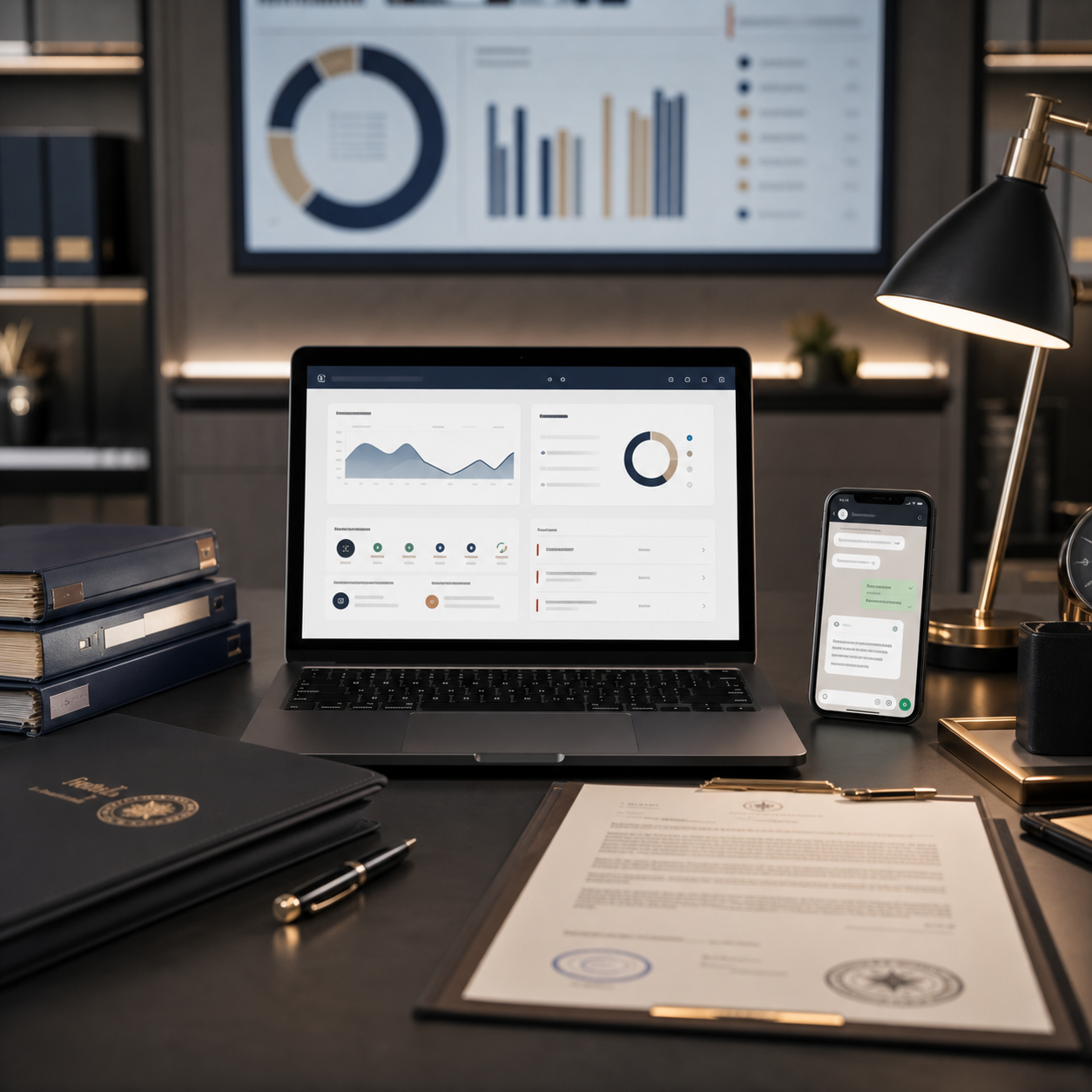 Mesa de gestão de contratos com dashboard de assinaturas, documentos e mensagens de WhatsApp